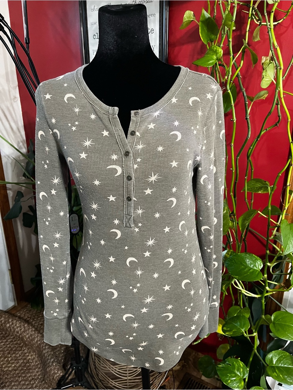 Lucky Brand Olive Green Long Sleeve Henley with White Moon & Star Print